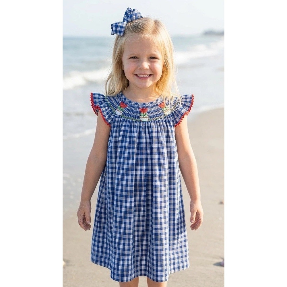 Silly Goose Baby Girls Hand Smocked Dress Bishop 9 Months‎ 9M Blue Red Gingham
